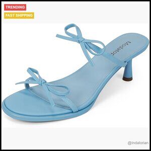 Two Strap Bow Tie Kitten Heel Sandals Faux Leather Rounded Open Toe